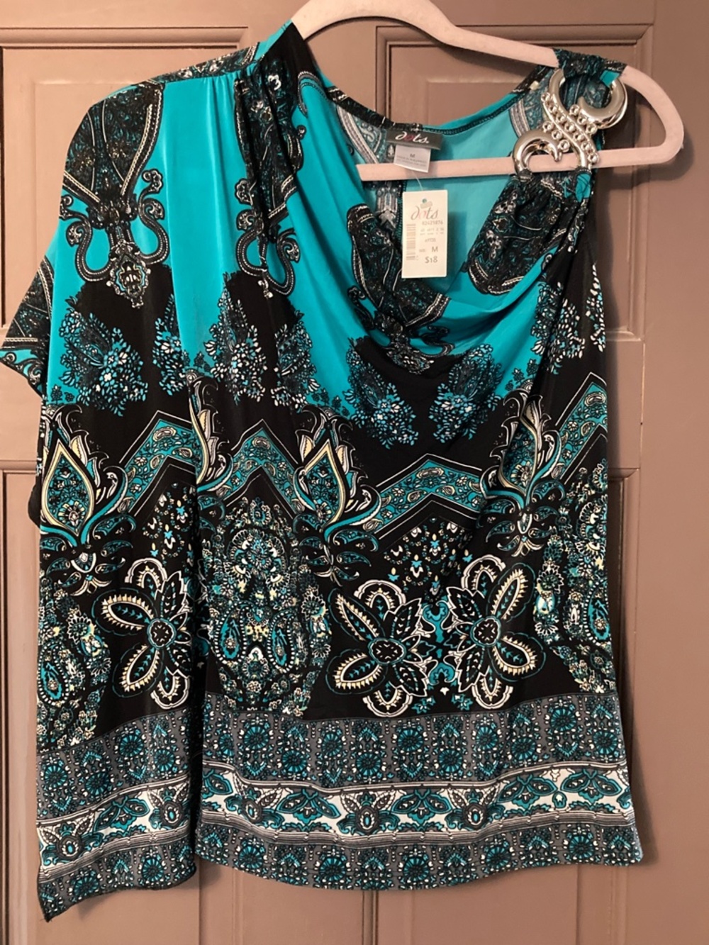 DOTS One Arm Green Paisley Retro Top sz M